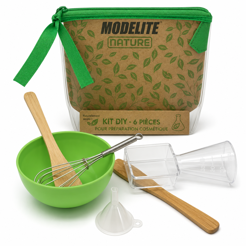 Kit DIY x 6 pièces : 1 bol + 1 entonnoir + 1 spatule + 1 fouet + 1 mesurette + 1 cuillère en bois