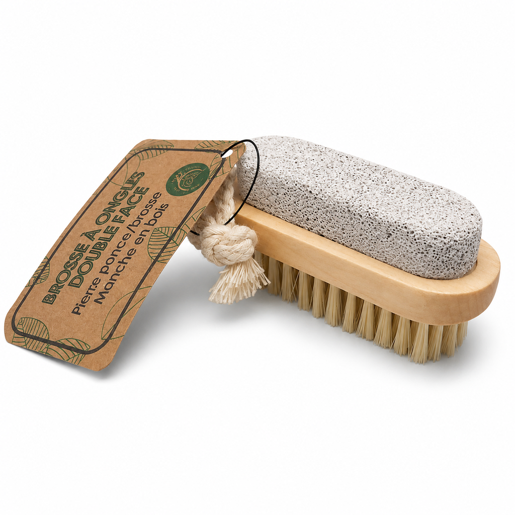 Double-sided nail brush / pumice stone, bamboo handle
