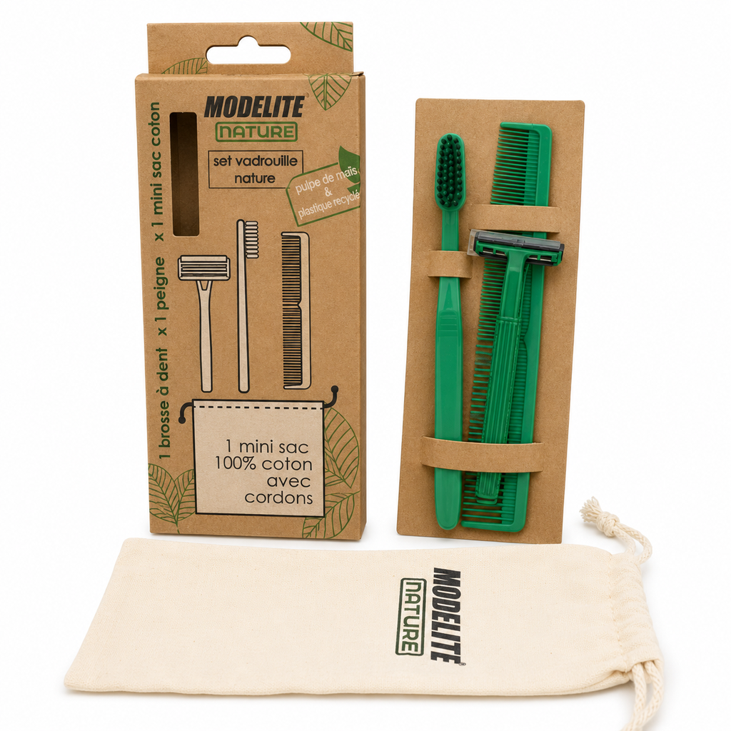 Set vadrouille : 1 sac coton + 1 rasoir + 1 brosse à dents + 1 peigne